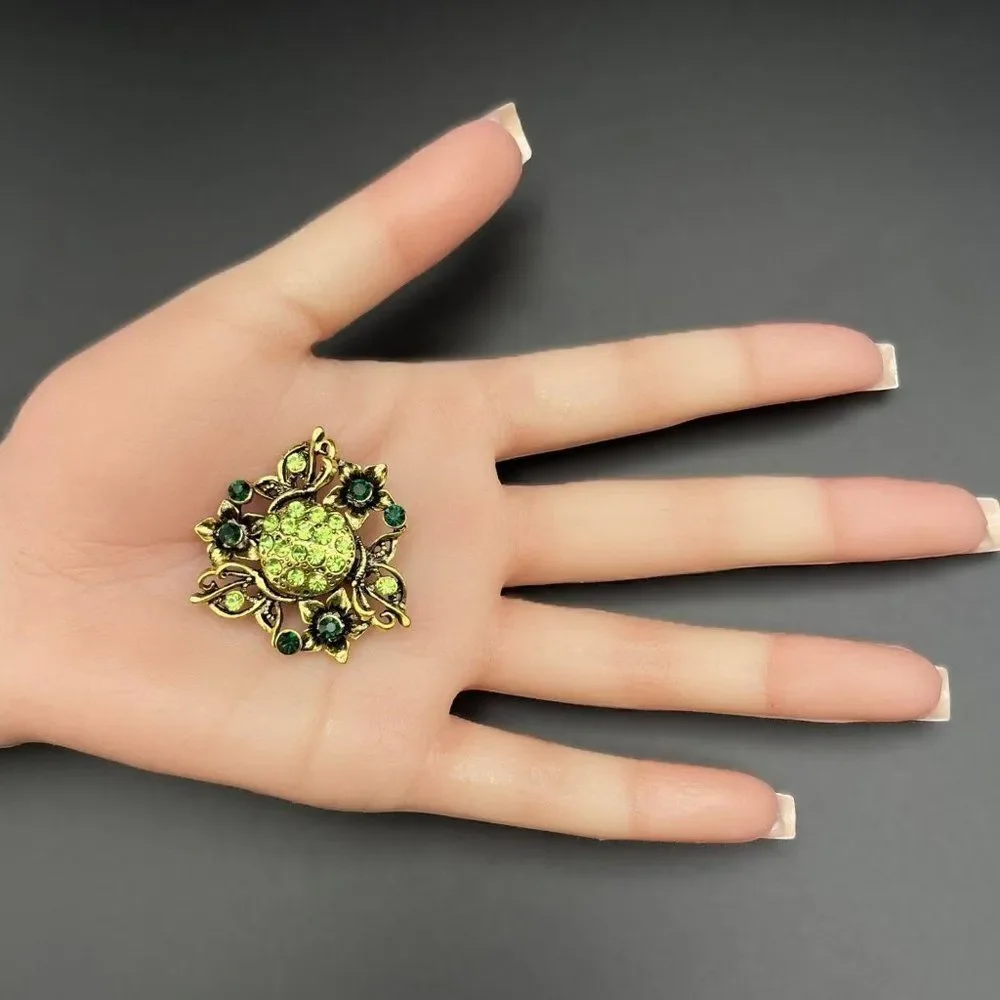 Yellow Gold with Emerald and Peridot Green Crystal Flower Pin Back Brooch